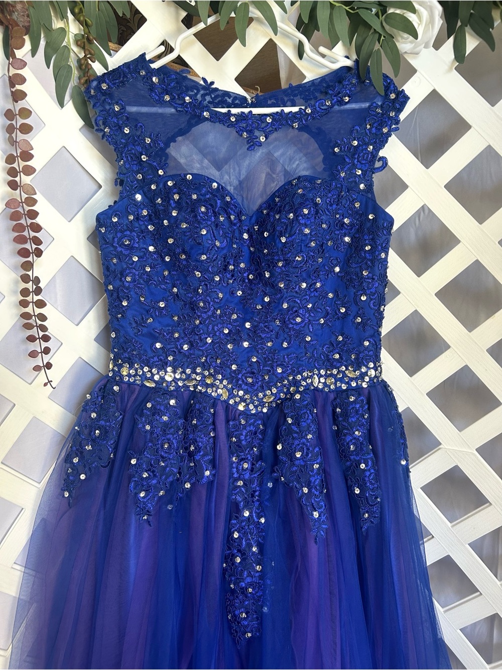 Royal Blue Beaded Tulle Formal Dress Illusion Neck Prom Gown  EST-M/L - Picture 2 of 10